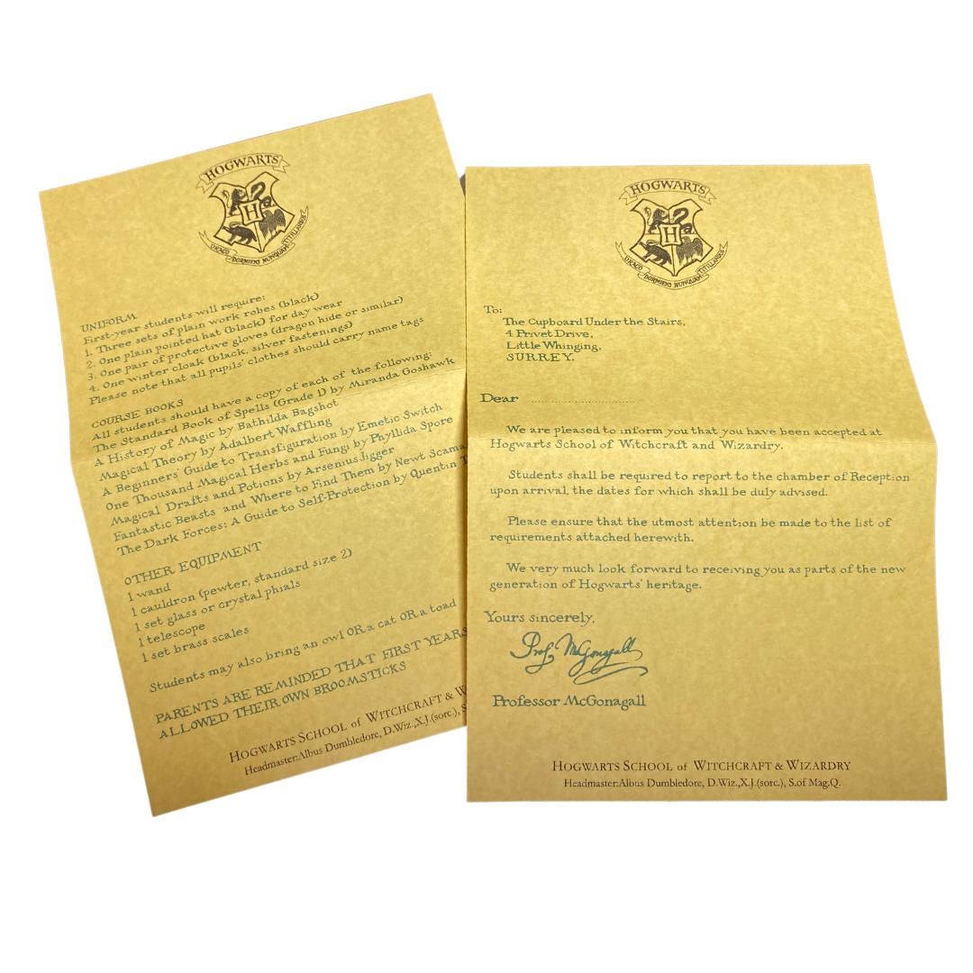 Carta de aceptación de Hogwarts personalizable